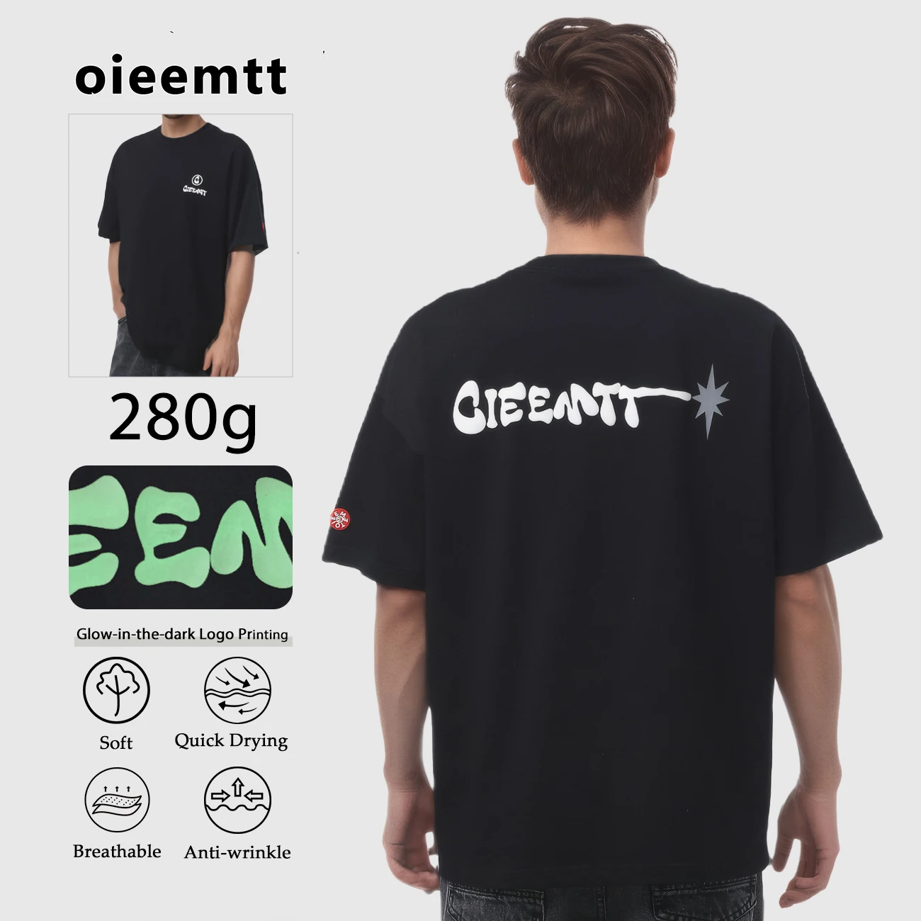 

Glow-in-the-dark Logo Letter Printing Breathable Short Sleeve Tee Vintage Cotton T-shirt Soft Breathable Summer Oversize Top