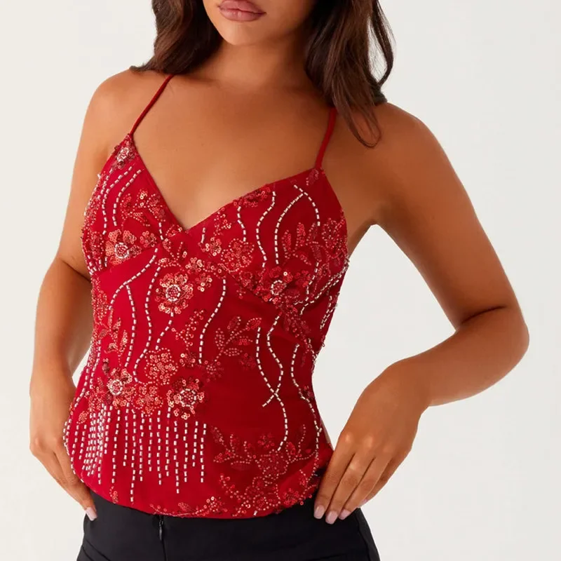 

Sequin Halter Crop Tops for Women Y2k Pearl Embellished Cami Tops Summer Glitter V Neck Rhinestone Camisole Tank Shirt