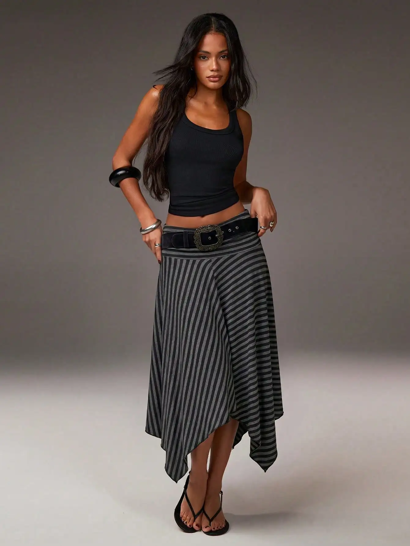 Athîral Women's Striped Casual Asymmetric Hem Skirt, Summer