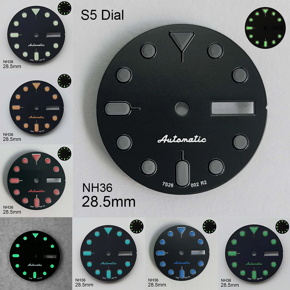 

28.5 mm S5 Logo SKX007 Dial Suitable For NH36/4R36 Movement Green Luminous Dual Calendar Black Watch Modification Accessories