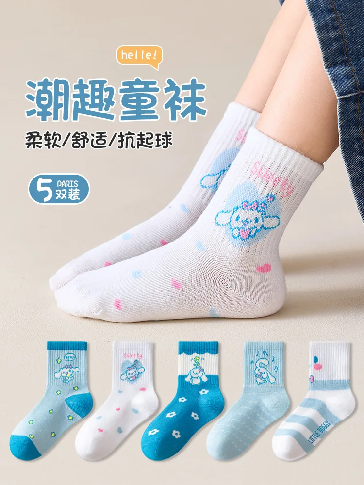 5Pcs Kids Socks Sanrio Kids Socks Hellokitty Cinnamoroll Melody Kuromi Anime Sock Spring Autumn Winter Soft Breathable Girl Gift