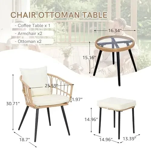 5 Piece Patio Bistro Set, All-Weather Rattan, Yellow/Beige | Outdoor Wicker Small Conversation Bistro with Ottoman