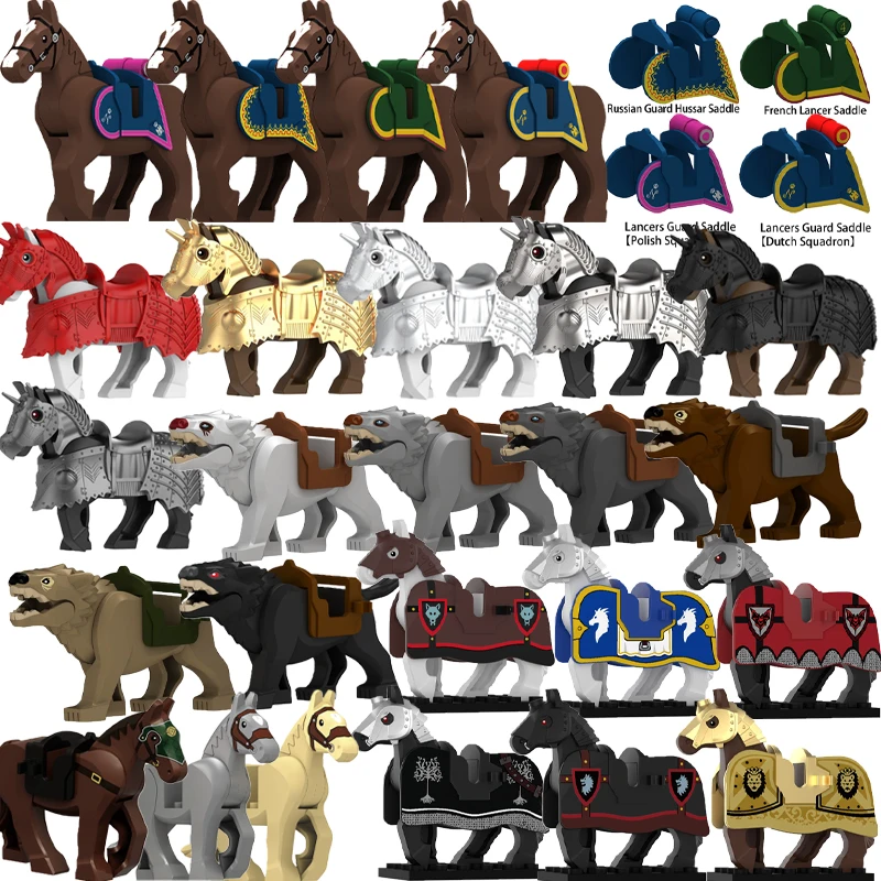 Bloques de construcción de la serie napoleónica militar Medieval, figuras de soldado de caballero polaco ruso, sillín de caballería, caballo de guerra, ladrillos, juguete para niño