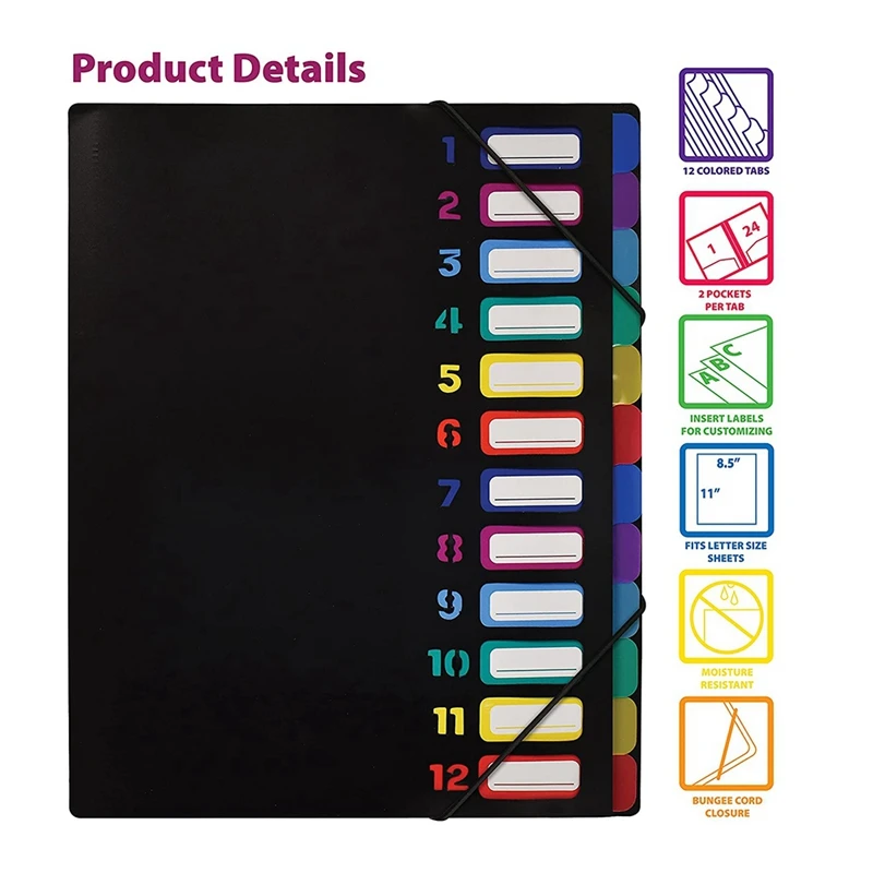24 Clear Pocket Expanding File Folder 12 Colored Tabs,Holds 300 Sheets, File Organizer,Numbered Index On Cover