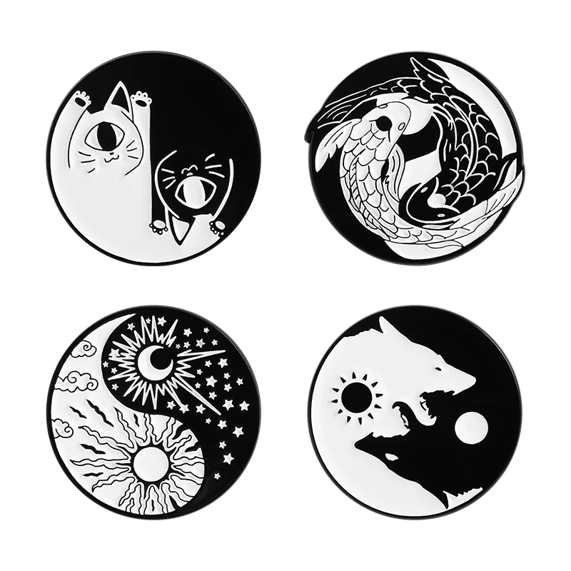 

Tai Chi Yin Yang Sun Moon Enamel Pins Yinyang Taiji Cat Fish Wolf Brooch Backpack Badge Lapel Pin Punk Jewelry Gifts for Friends