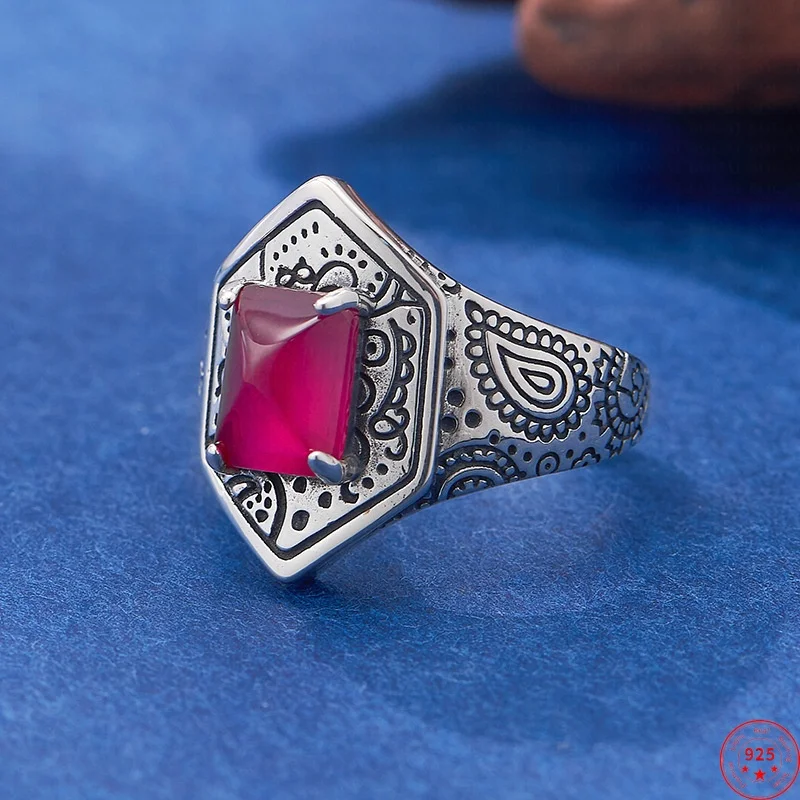 

S925 Sterling Silver Charms Rings for Women Men Ethnic Style Ancient Pattern Red Corundum New Fashion Jewelry Free Shipping