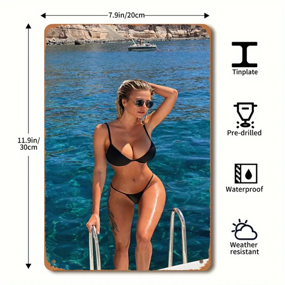 Metal Wall Art Sign Bikini Blonde Girl 7.87x11.81 Inch Home Decor for Bar Restaurant Kitchen Living Room Farmhouse