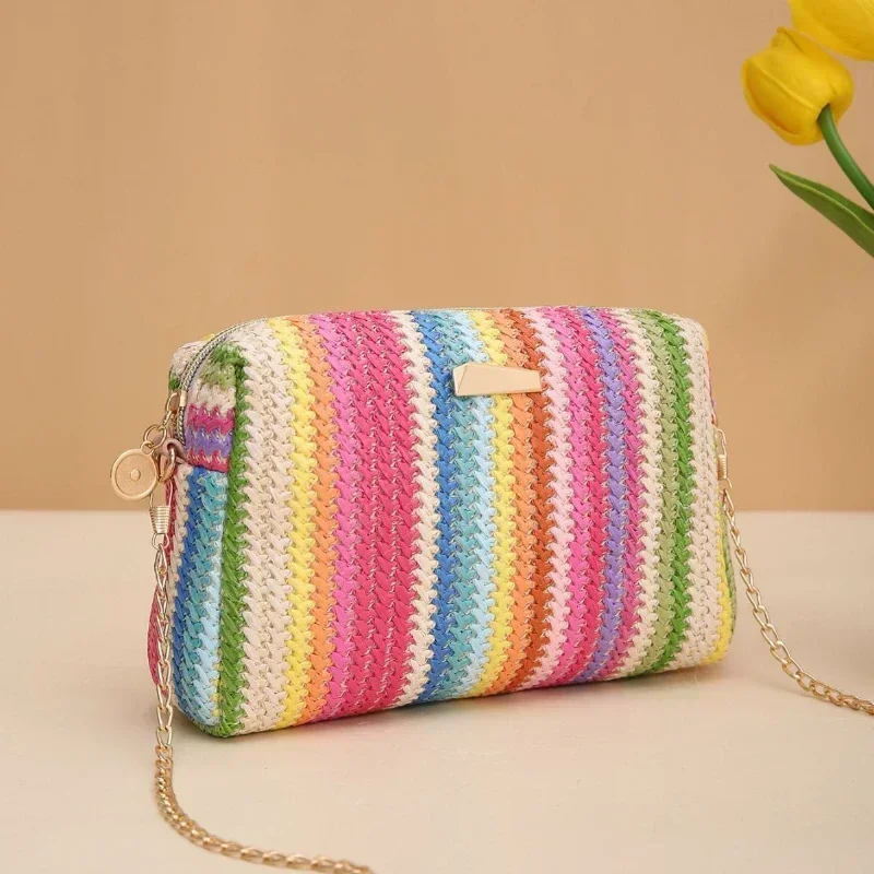 Rattan Knitting Women Straw Bag Beach Summer Chain Small Purse and Handbag Female Shoulder Crossbody Bags Travel Design Flap Bag