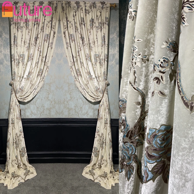 White Flowers Gilded Embroidery Velvet Thickened Blackout Curtains for Living Room Bedroom Villa French Window Customized