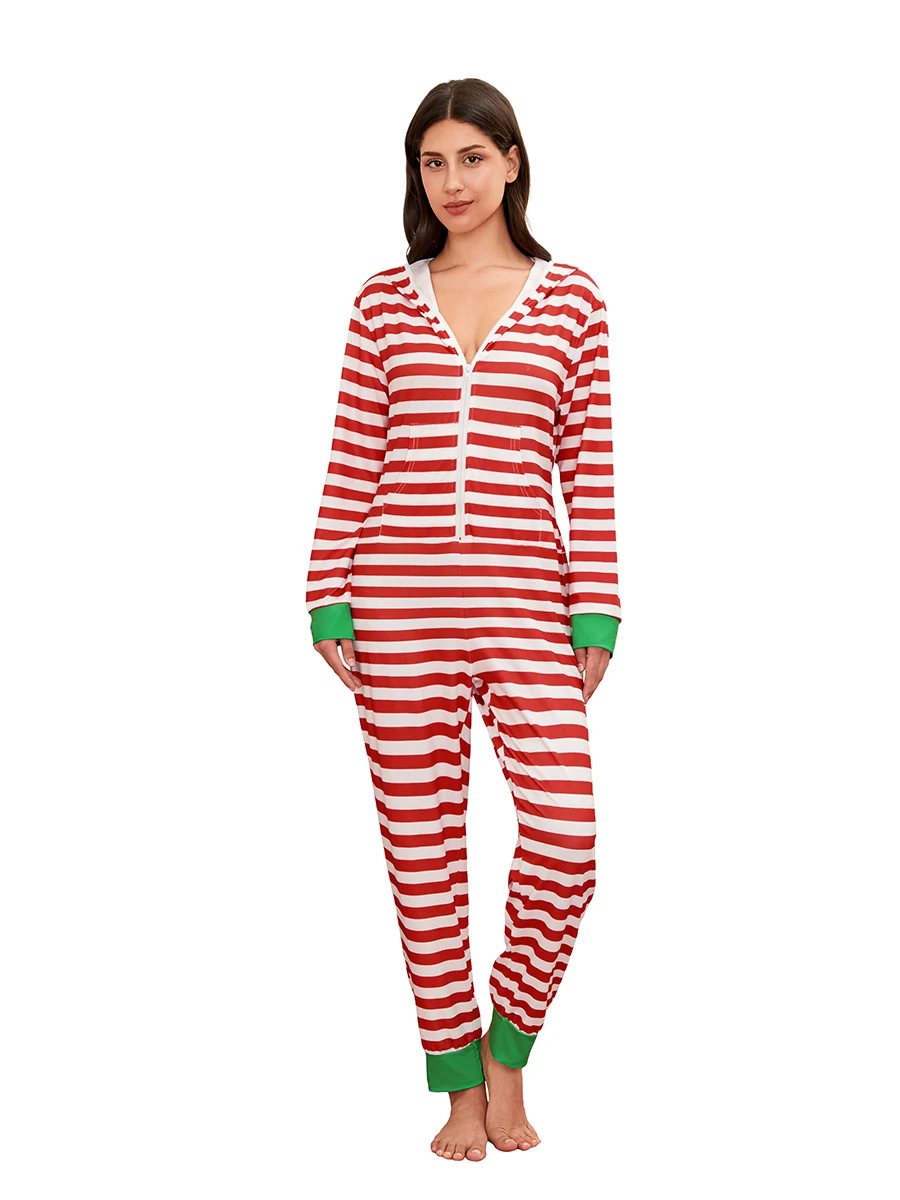 Women s Pajama Jumpsuits Long Sleeve V Neck Stripes Print  Fit Hooded Romper Pants Sleepwear