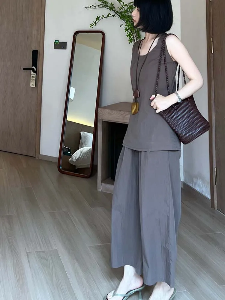 

U Collar Cotton Vest Long Svel Top Elastic Waist Lazy Eight-Part Wide Leg Pants Set Summer Faion Women's Ensemble