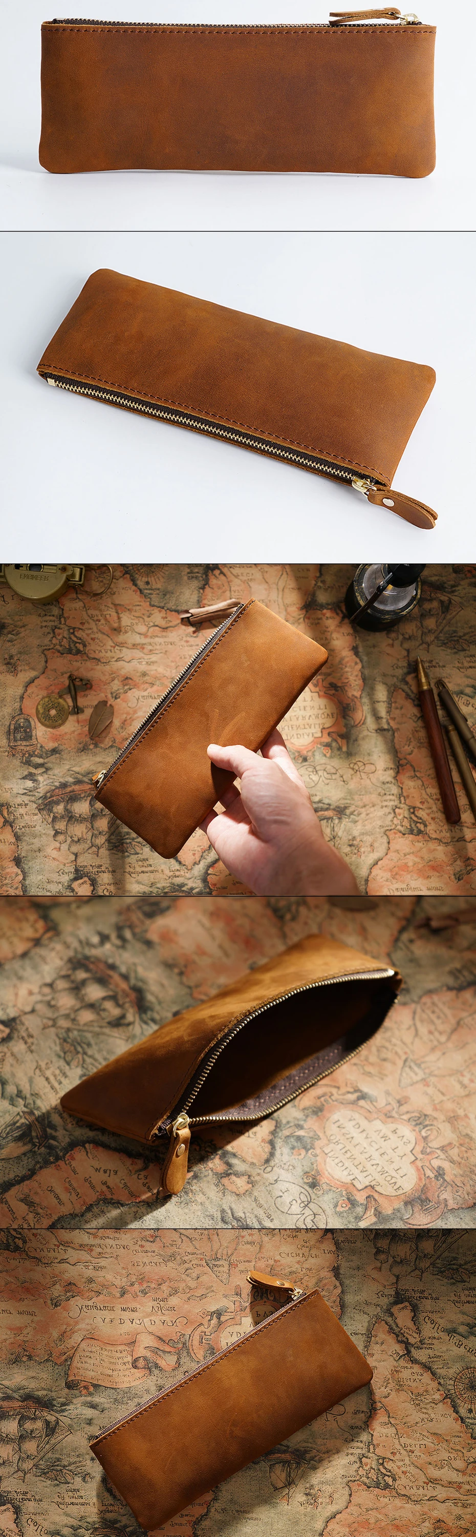 Vintage-Federmäppchen aus echtem Leder mit Reißverschluss, Rindsleder, Schreibwaren-Organizer, Stifthalter, Schreibutensilienbeutel, Reise-Zubehörtasche – Detail 1