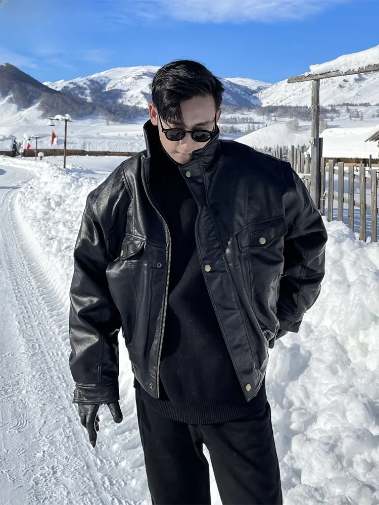 

Trendy Bla Leather Jaet Men's Autumn Winter New Workwear Stand Collar Biker Coat American Sle Top Casual Loose Fit