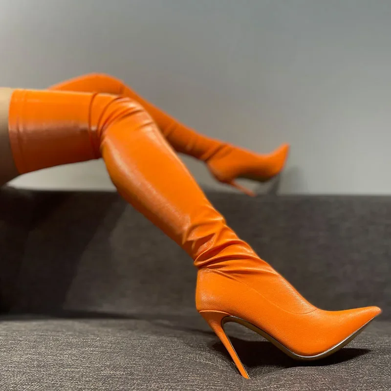 

Arden Furtado 2024 Autumn Elastic PU Over The Knee Boots Pointed Toe Slip-on Super High Heel Modern Boots Skinny Boots