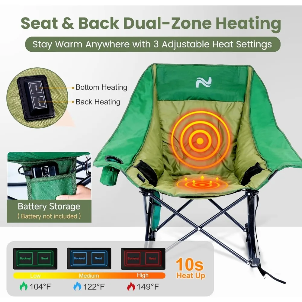 كرسي تخييم هزاز كبير الحجم للبالغين - كرسي حديقة خارجي مبطن بالكامل قابل للطي مع جيب جانبي، كرسي محمول