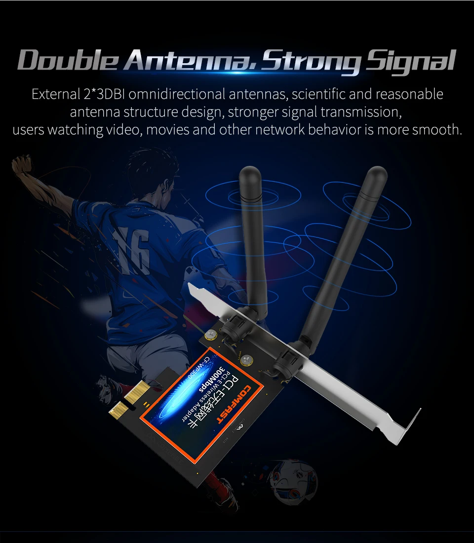 محول لاسلكي Comfast عالي السرعة 300 ميجابت في الثانية PCI-E 2.4 جيجا هرتز 2*3d Biantenna 802.11b/g/n لسطح المكتب win 7/win 8.1/win 10 بطاقة الشبكة