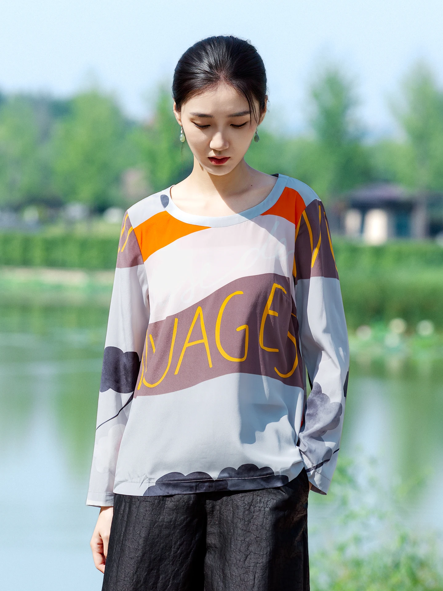 

Ele Simple Silk Long Sve round Ne Printed irt Women's Loose Fit Comfortable Breathable Summer Faion Casual irt