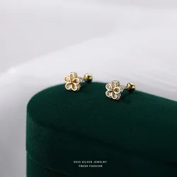 925 Sterling Silver Exquisite Zircon Flower Screw Earrings for Women Simple Temperament Jewelry