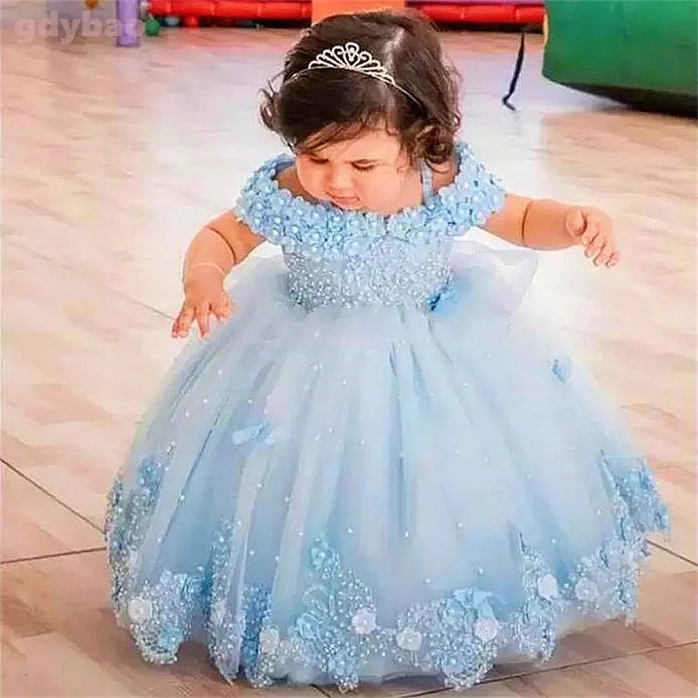 Flower Girl Dress For Wedding Pearls Applique Off Shoulder Tulle Beading Lovely Child First Eucharistic Birthday Party Dresses