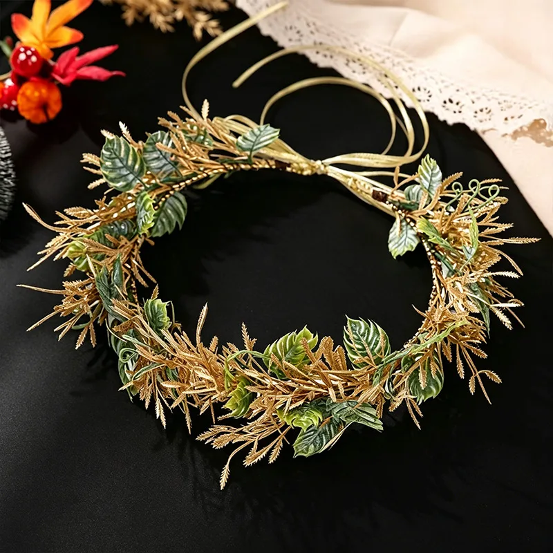 Gold Wheat Ear Leaf Hair Hoop for Bride Wedding Photography Forest Style Headband Headpiece for Women