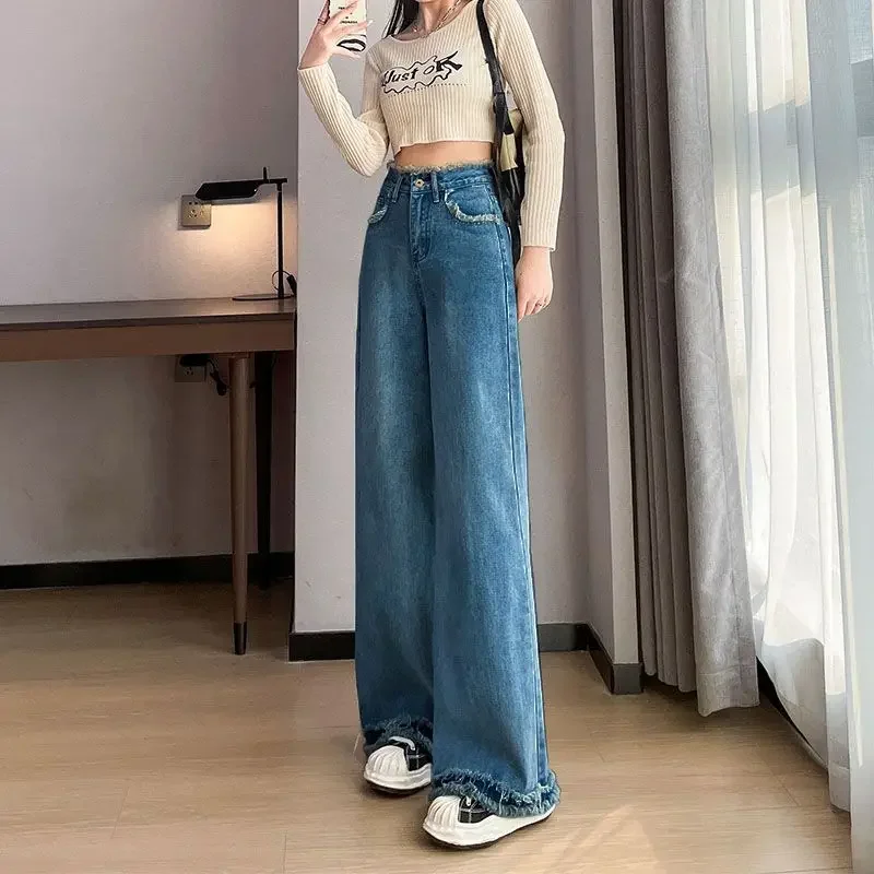 Pantaloni in denim a gamba larga Jeans dritti da donna Tasche lavate invecchiate a vita alta Pantaloni lunghi fino al pavimento vintage 2025 Streetwear