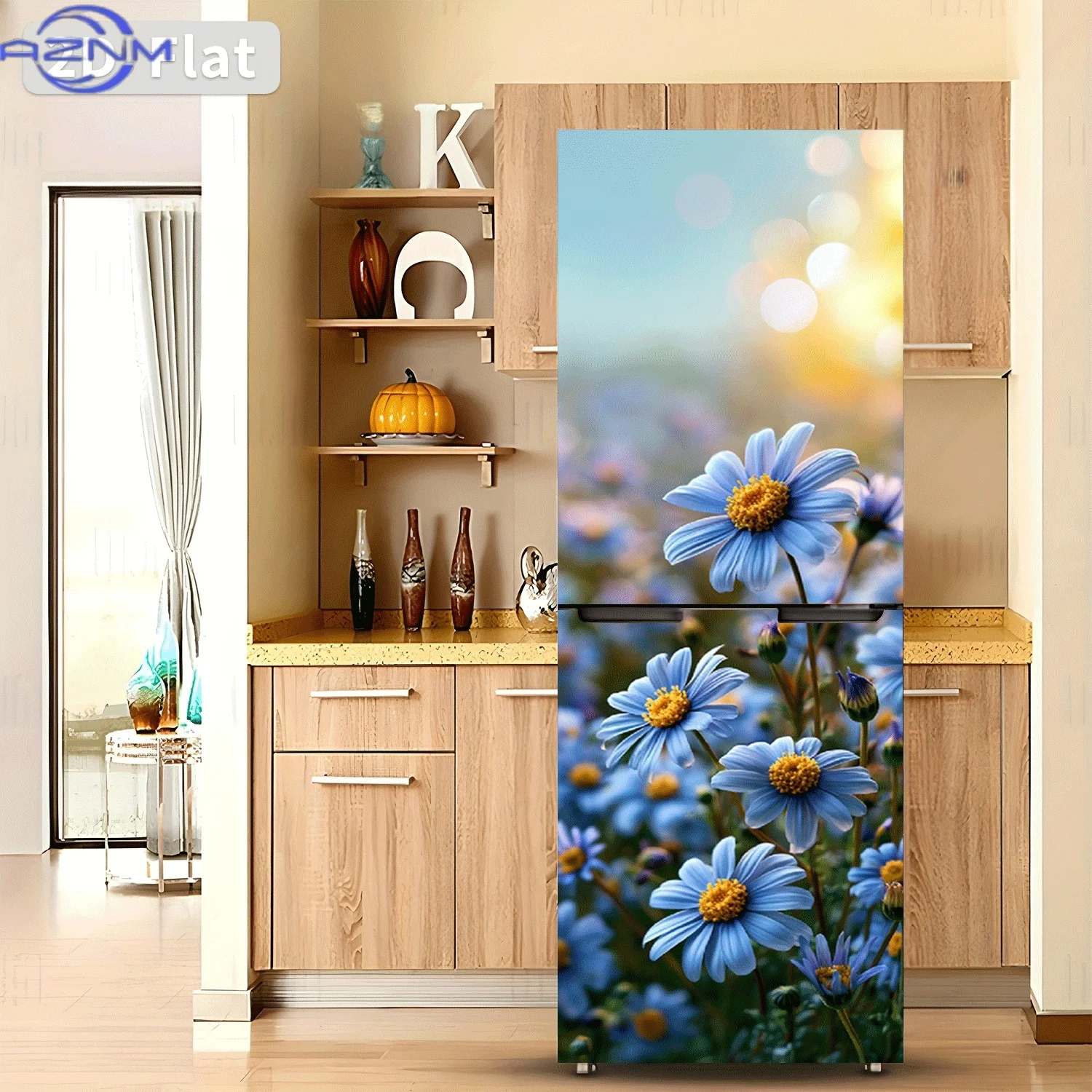 [2D Flat Printing] 1pc Refrigerator Sticker Blue Daisy Soft Flower Facing The Sun Theme Design Wall Sticker Self-Adhesive Suit