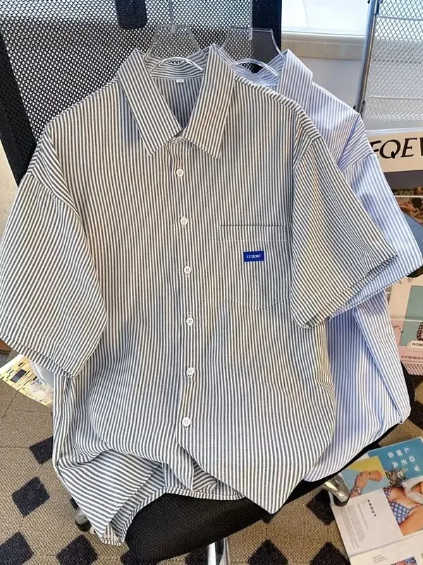 

Summer Thin ort Sve Button up irt Loose Fit Men's Casual Sle Striped Top Trendy Brand Youth ular Loose irt