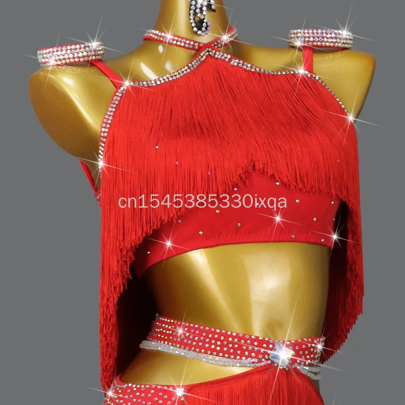 新しいレッドラテンダンスタッセルドレスシニアガールズ競技服セクシーな社交スカート大人トップス女性練習着カスタマイズ