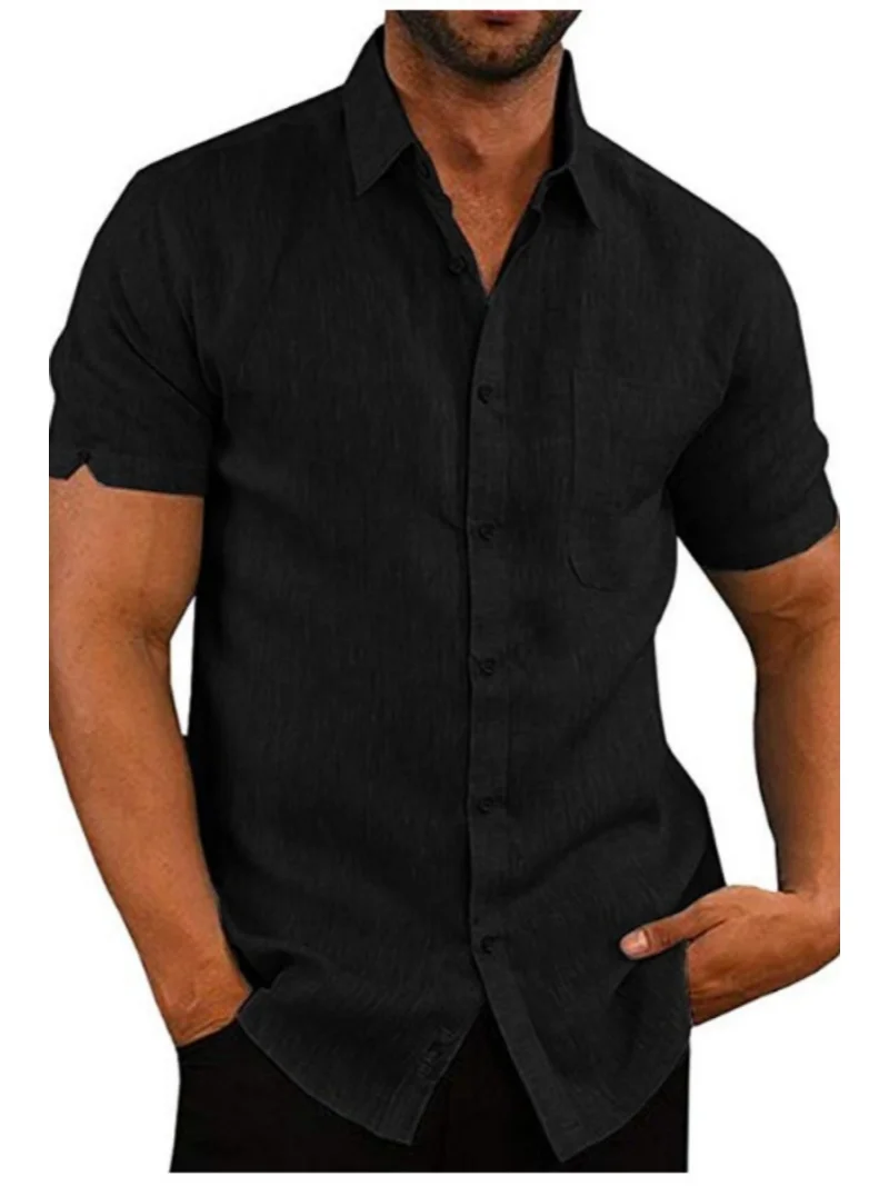 Men's Short Sleeve Button Down Linen Blend Shirt with Chest Pocket Casual Summer Top