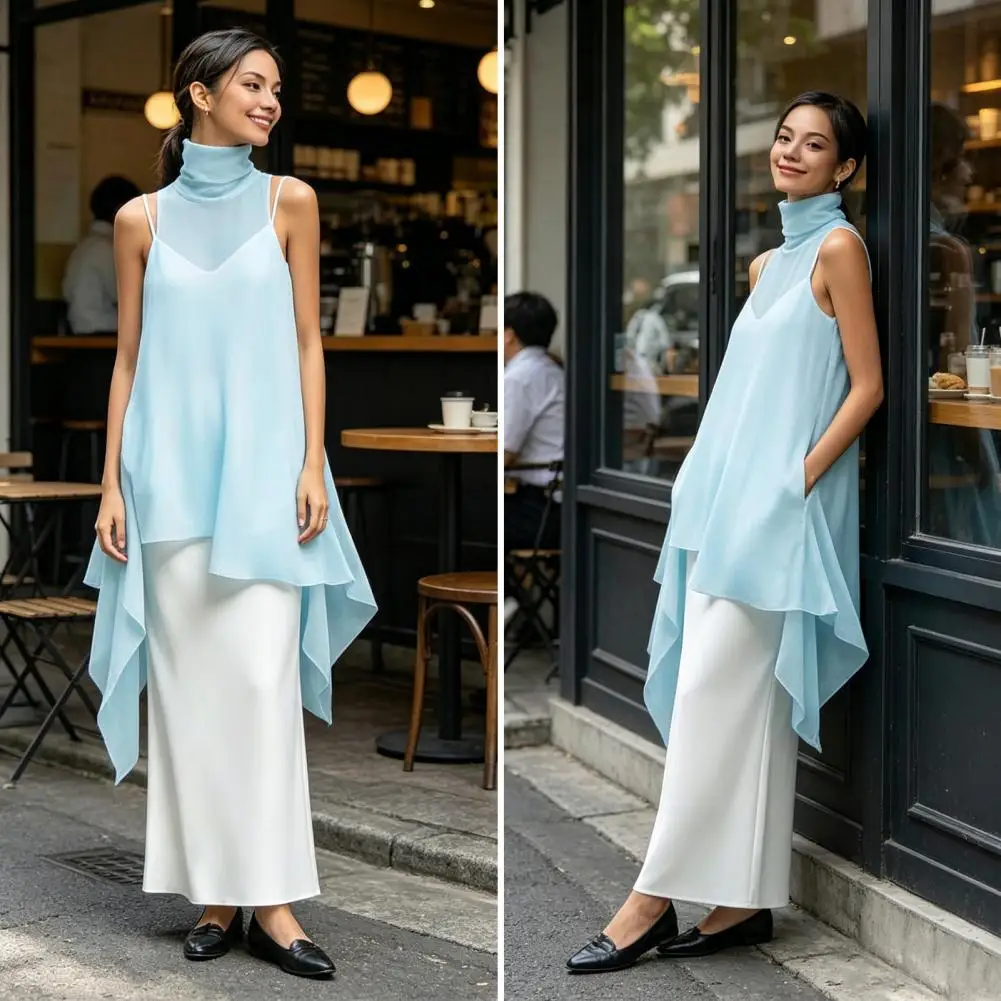 Everyday Wear Dress Women's 2 Piece Dress Set Sleeveless Cami Long Dress Chiffon Halter Irregular Hem Top Elegant for Women