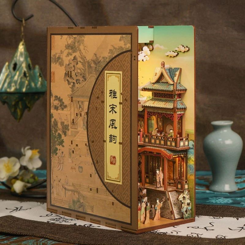 DIY Wooden Book Nook Shelf Insert Kits Scenery of Song Dynasty Bookends Toy Bookshelf for Girl Friends Gifts Decoration