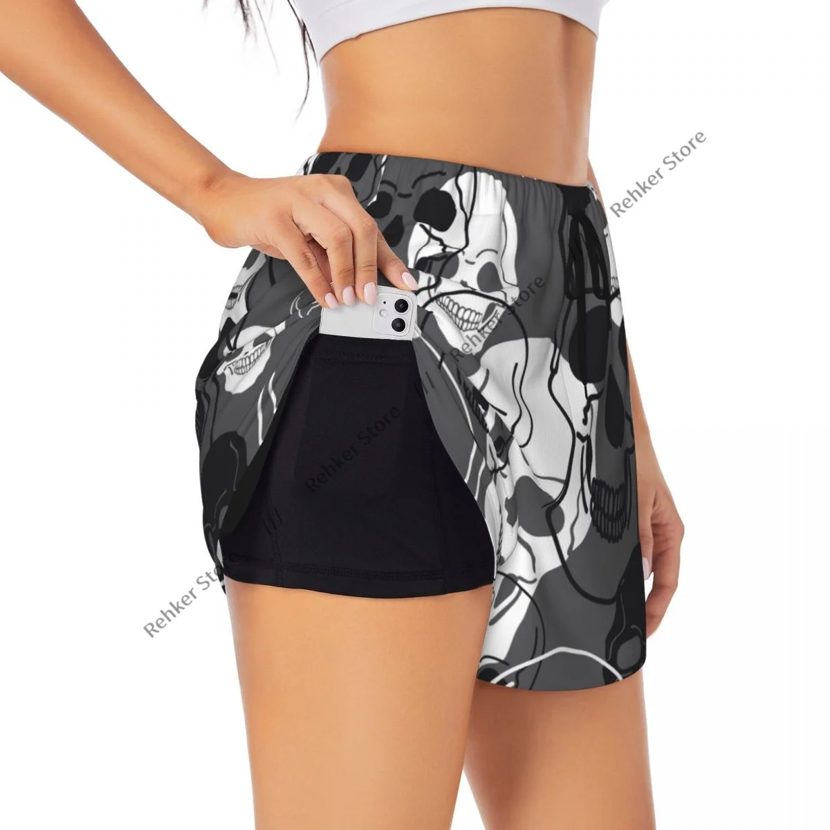 Calções esportivos femininos abstratos crânios impressão moderna correndo yoga fitness treinamento de badminton de secagem rápida com bolso