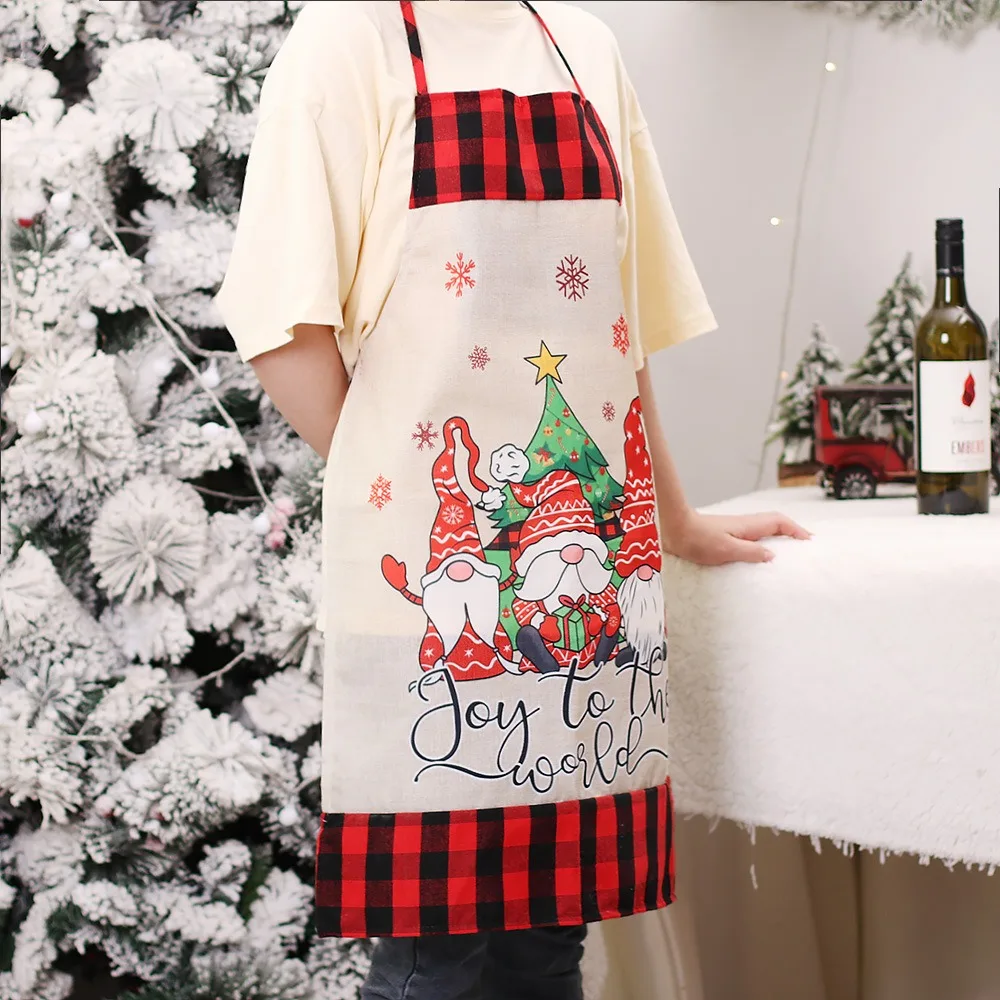 Christmas Decoration Adjustable Christmas Apron Oil-proof Black and Red Plaid Faceless Doll Apron Cute Portable Chef Apron Women