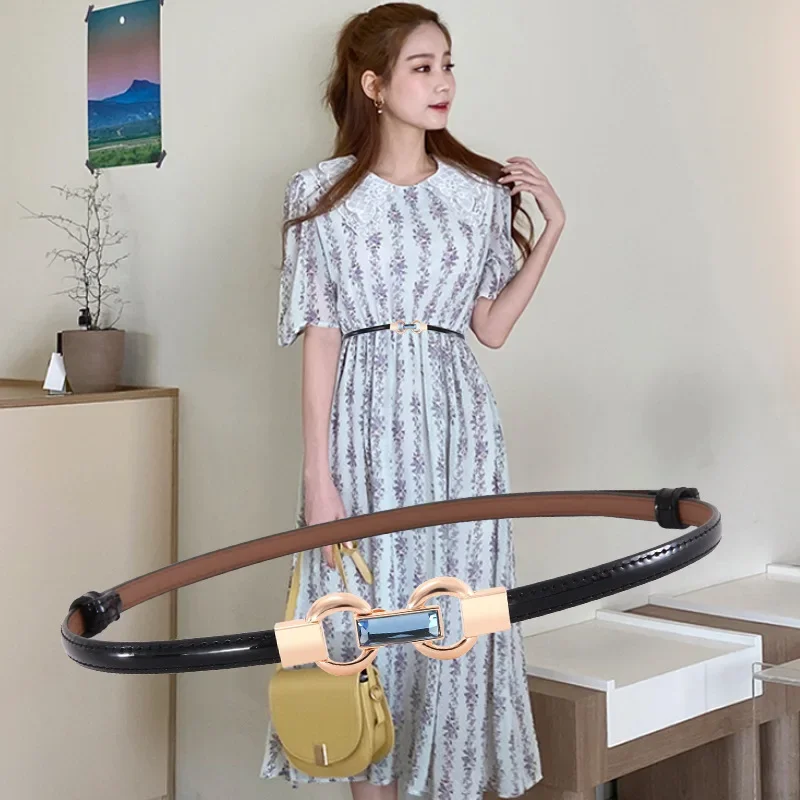 

Женский тонкий ремень с кожаной отделкой, простой костюм с завязками, платье, модный черный регулируемый дизайнерский ремень на талии