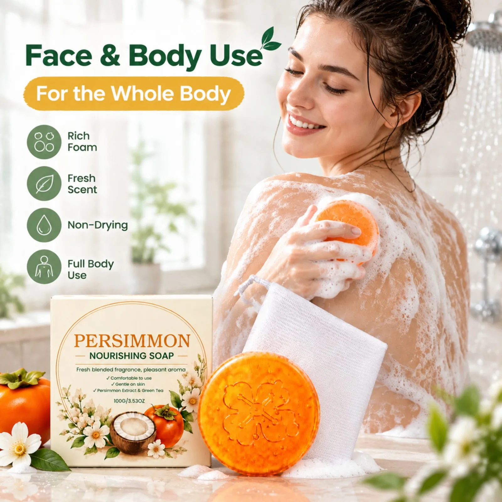 Persimmon Nourishing Soap 100g Surface Oil Cleansing Fresh Sensation Moisture Balance for Full Body Skin Daily Bath Care