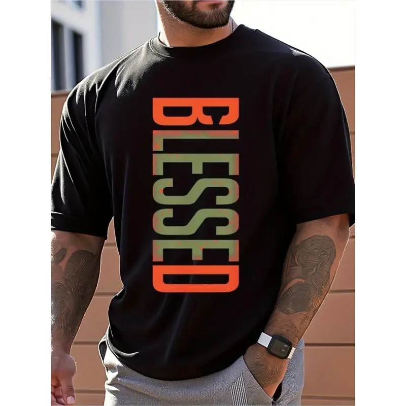 Men's Classic BLESSED Black Cotton Crew Neck Short-Sleeve Tee - Lightweight Fitted Casual Printed Top, Comfy Breathable Fabric, Relaxed Fit, True-to-Size, Machine Washable, Suitable for Summer Daily & Outdoor Wear, Menswear