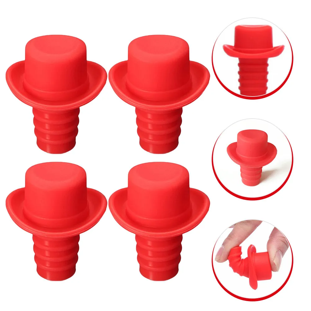 4Pcs Silicone Wine Bottle Stopper Creative Hat Design Air-Tight Seal for Wine Saver Beer Glass Bottles Party Wedding