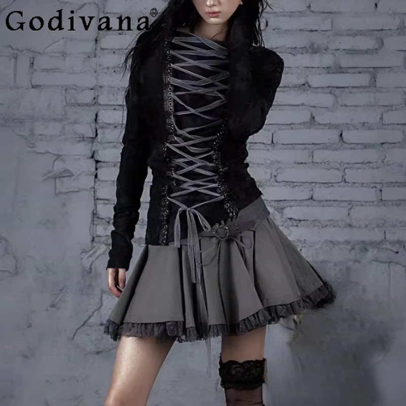 Spring Summer New Personalized Do Old Lace Splicing Skirt Street Girl Fashion Versatile Court Retro Gray Loose Cake Short Skirts