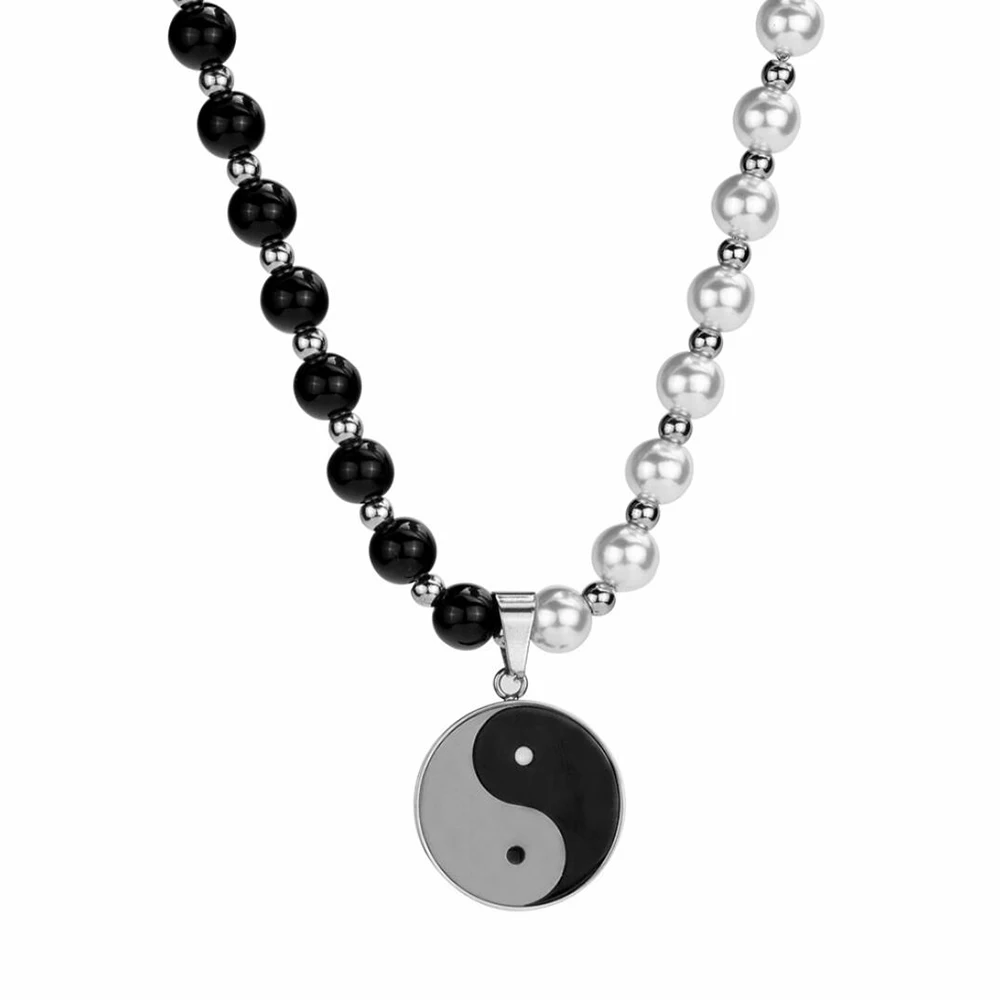 Mens Eight Diagrams Yin Yang Pendant Necklace Jewelry Black White Bead Chain Gift