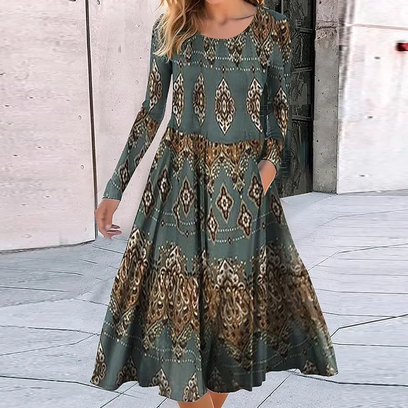 Female O-Neck Pocket Bohemian Dress New Women Casual Pleated Swing Maxi Dress Vintage Geometric Pattern Long Sleeve Autumn Dress