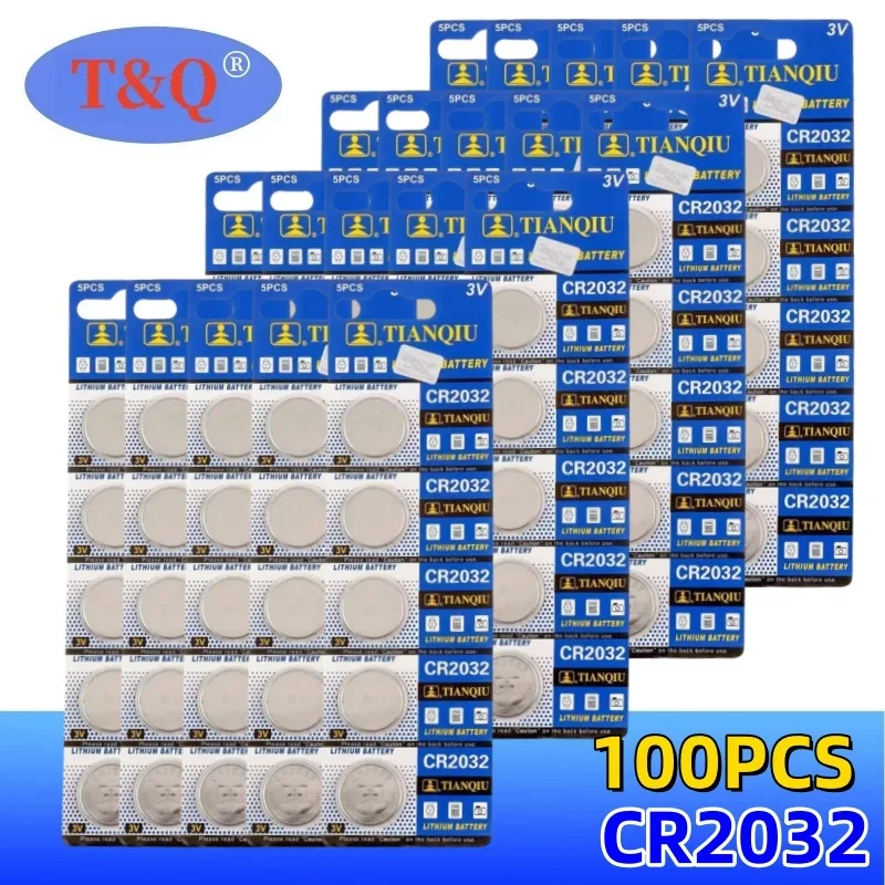 

100PCS CR2032 TIANQIU Battery DL2032 ECR2032 BR2032 2032 3V Lithium Button Cell Coin Battery Long Lasting for Watch Remote