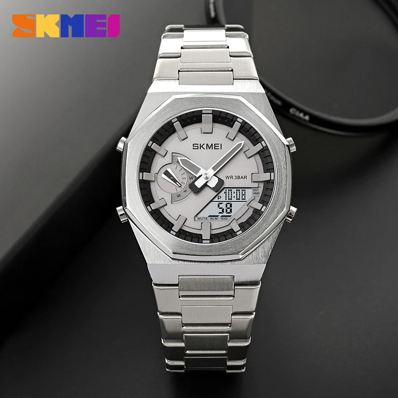 SKMEI 1816 Luxury Quartz Watch for Men Sport Stainless Steel Wristwatch Mens Digital Dual Display Waterproof Clock Reloj Hombre