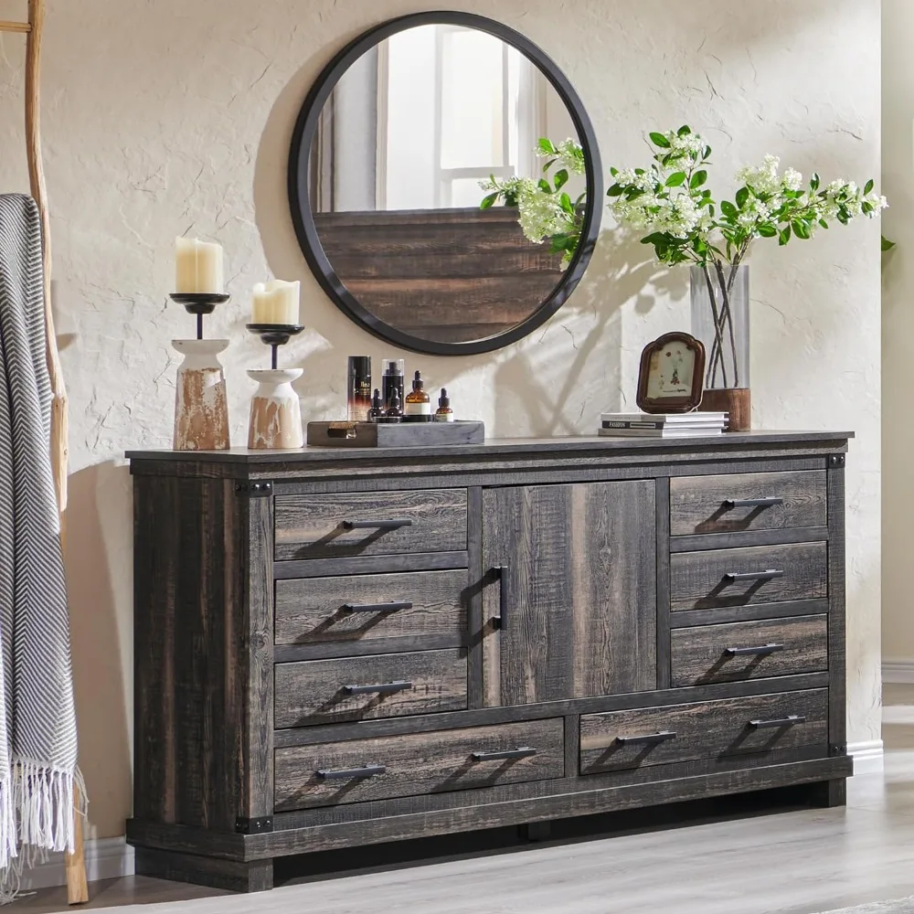 

8 Drawer Dresser for Bedroom,Long Chest of Drawers with Thick Plank Styling, Wood Rustic Large Closet Dresser for Bedroom