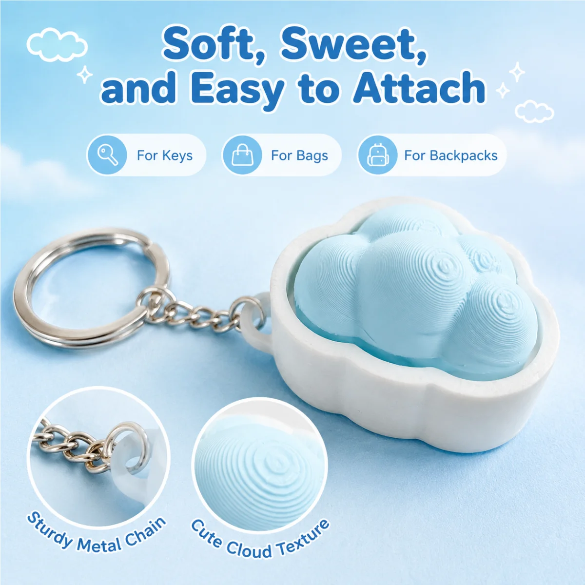 1pc Height Fluffy Cloud Clicker Keyring, Dual Color White Blue Outline PLA Minimalist Lightweight Portable Daily Key Accessory