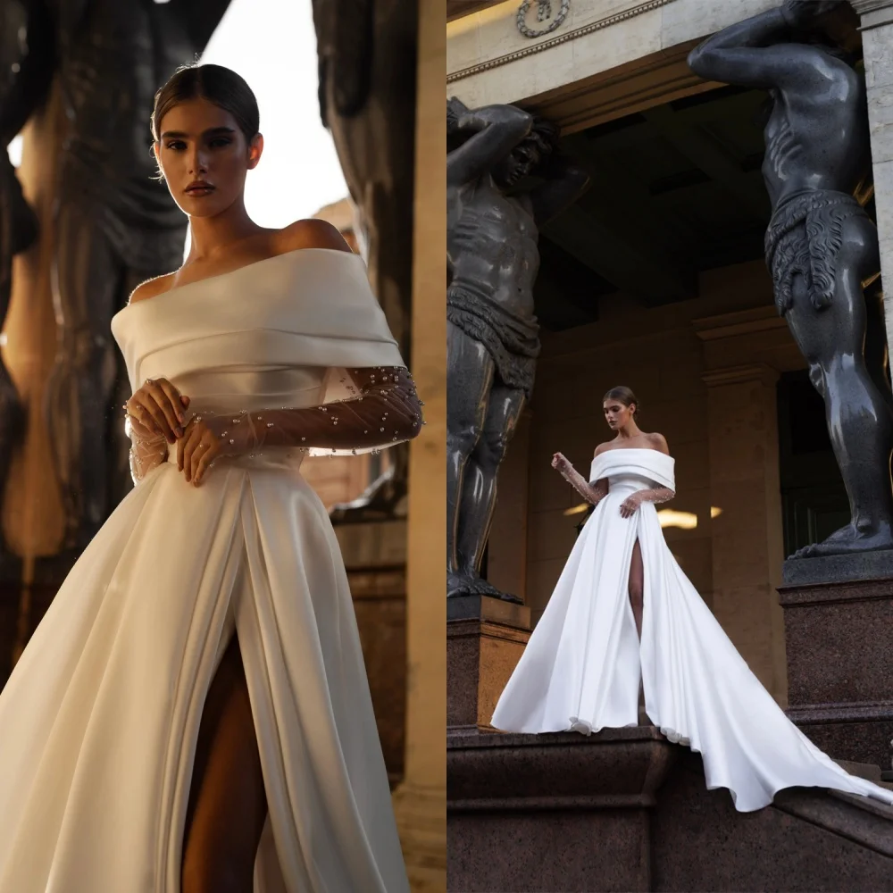 

Customized High Quality White Satin Wedding Dress Exquisite Boat Neck Off the Shoulder Long Sleeves Chapel Train Bridal Gowns
