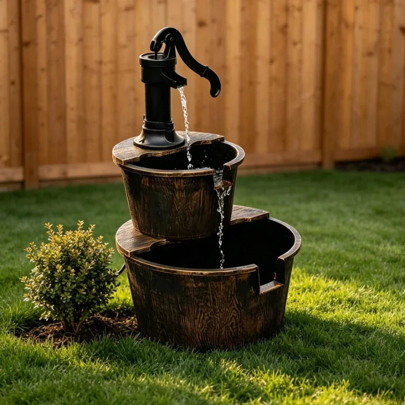 Fontaine cascade rustique avec pompe à eau manuelle vintage, cascade à 2 niveaux, fontaine décorative résistante aux intempéries, débit d'eau réglable, son apaisant de l'eau qui coule, idéale pour la décoration de jardin, cour, patio, véranda et aménagement paysager.