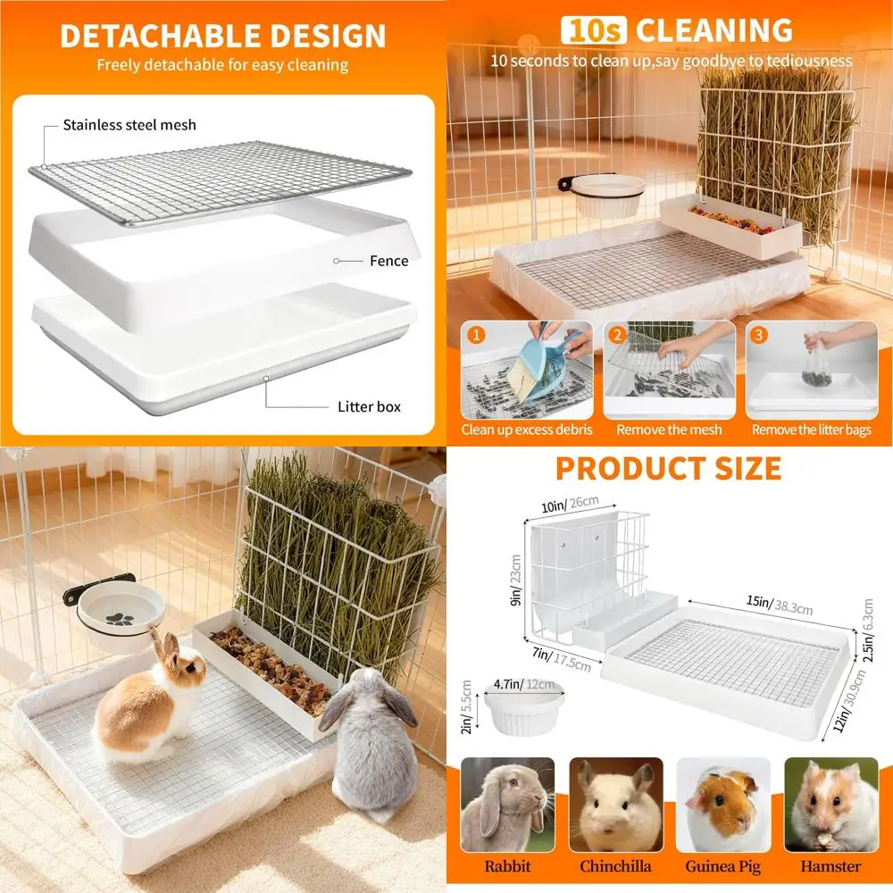 

Кормушка сена для кроликов 3 в 1, ящик для мусора, улучшенная металлическая стойка для сена, лоток для мусора и чаша для воды, быстрая очистка, простота установки, кролик