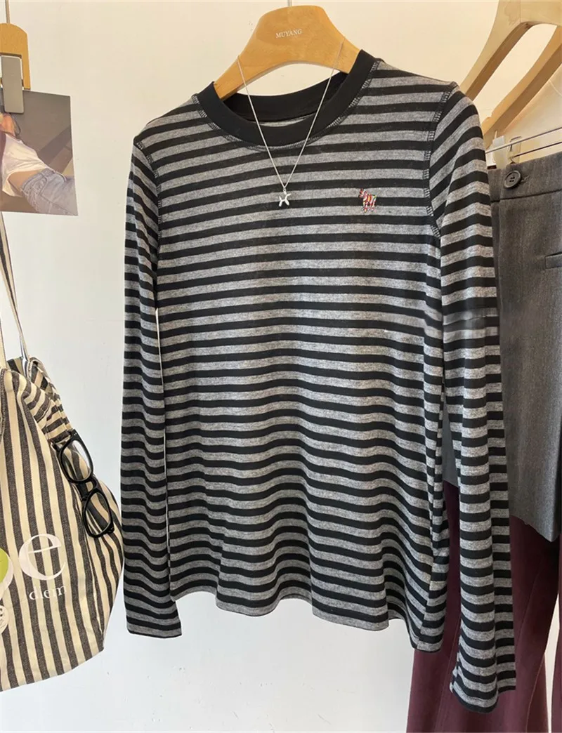 

Long Sleeved T Shirts Plain Womens Autumn Lantern Sleeve Ribbed Edge Wide Stripe Minimalist Citywalk Youthful Student Subtle Tee