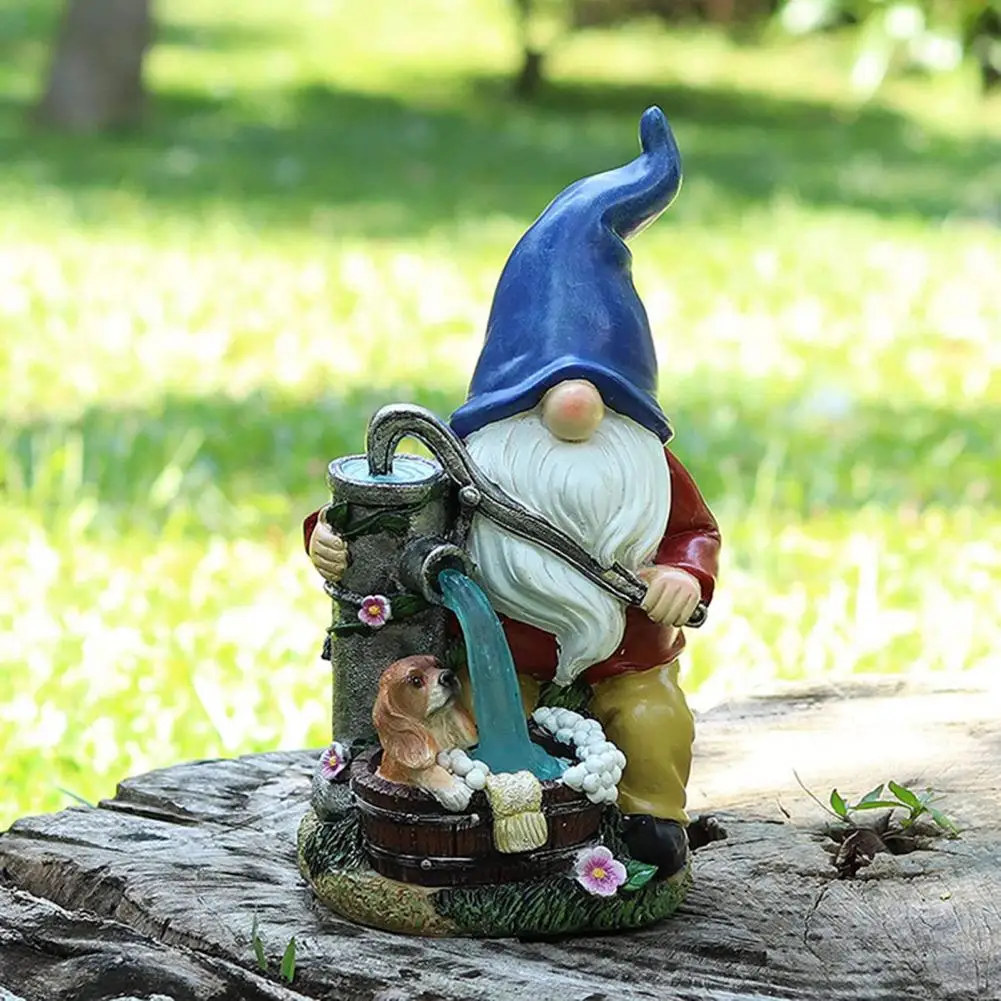 Solar Powered Gnome Decor Solar Pumping Gnome Figurine with Light Whimsical Garden Decoration Featuring Dog Washing for Porch