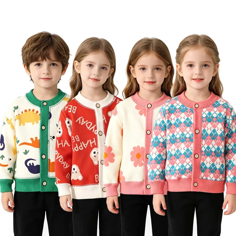 Toddler Kids Knit Cardigan Boys Girls Dinosaur Floral Sweater Button‑up Long Sleeve Knit Jacket Children Fall Winter Outerwear